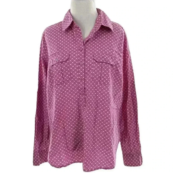 New York & Co womens button down top size M pink white polka dot career - Picture 1 of 10